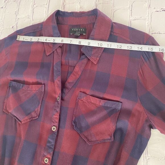 TINSEL Burgundy Purple V Neck Button Front Roll Tab Sleeve Shirt Dress M - Picture 9 of 9